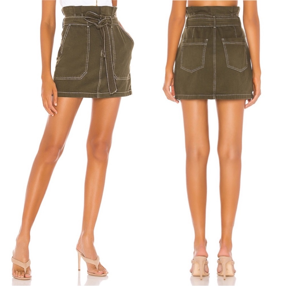 Free People Army Olive Green Paperbag Waist Belt Tie Boho Mini Skirt Pockets - Picture 7 of 11